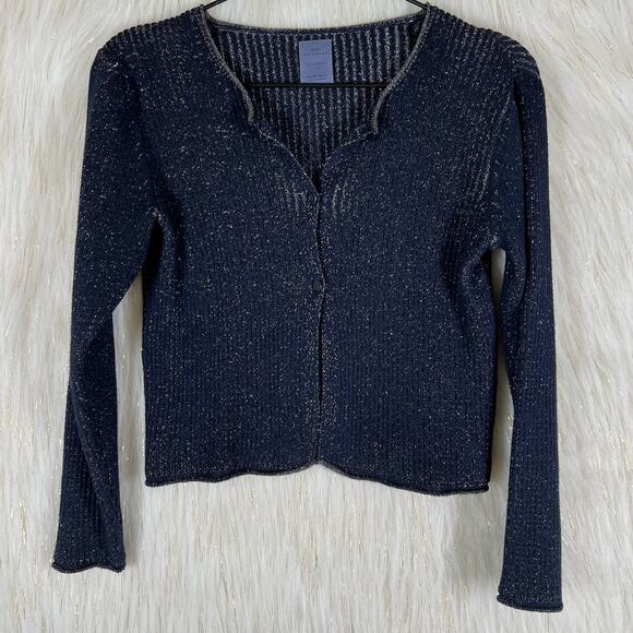 Zara Knitwear Winter Blue Gold Ribbed Long Sleeve Button Up Cardigan Size 10 - Picture 7 of 8